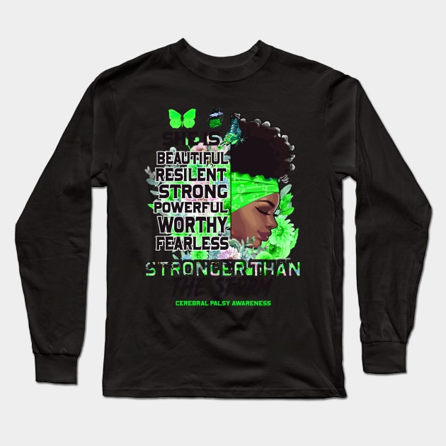Cerebral Palsy awareness black girl she is beautiful stronger than storm Support Gift Long Sleeve T-Shirt by Benjie Barrett